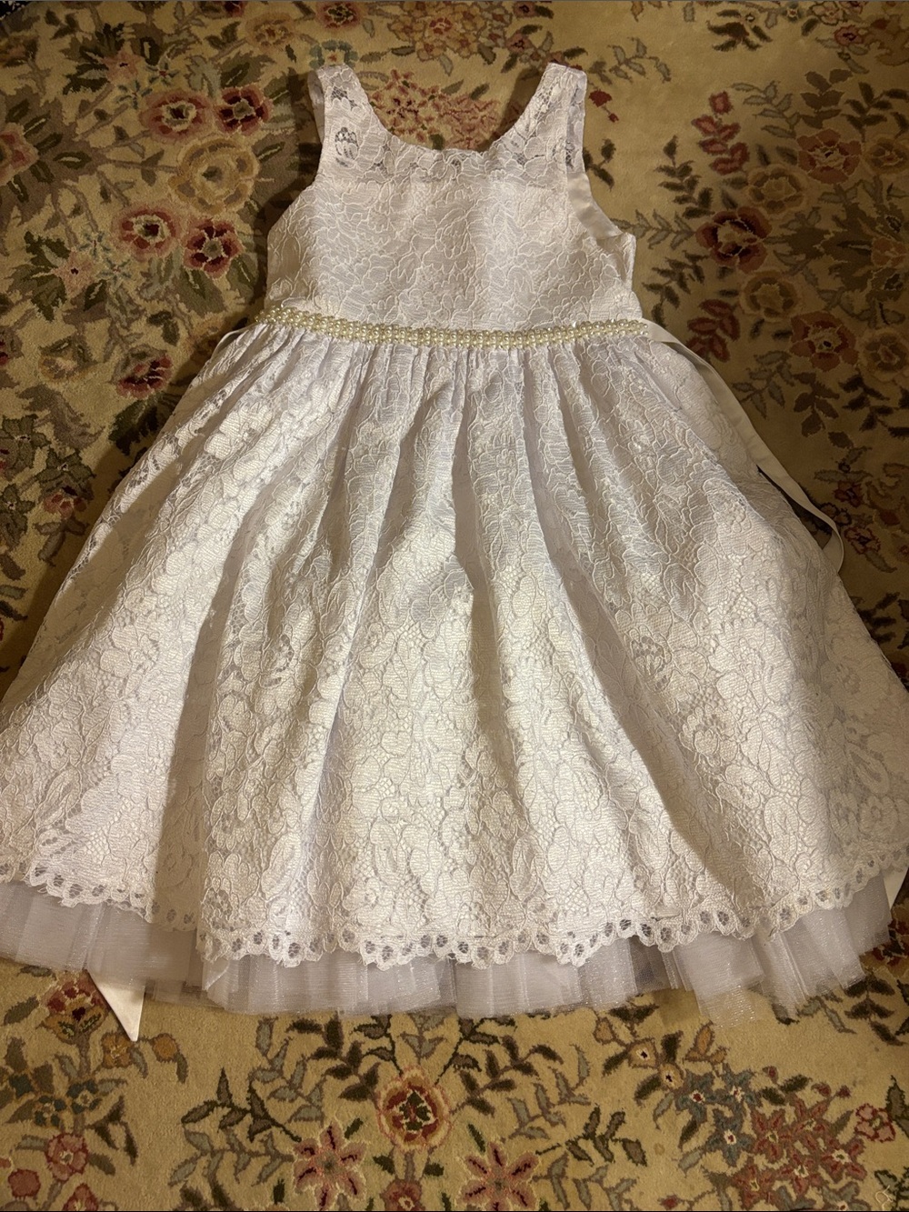 American Princess White Lace Pearl-Trim Formal Dress